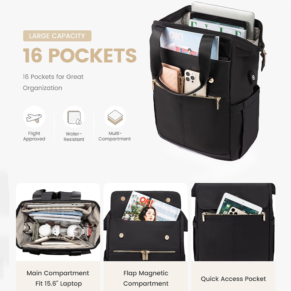 Rucsac pentru laptop Dollcini pentru femei, rucsac portabil impermeabil de mare capacitate cu port USB, set de 2 piese, negru