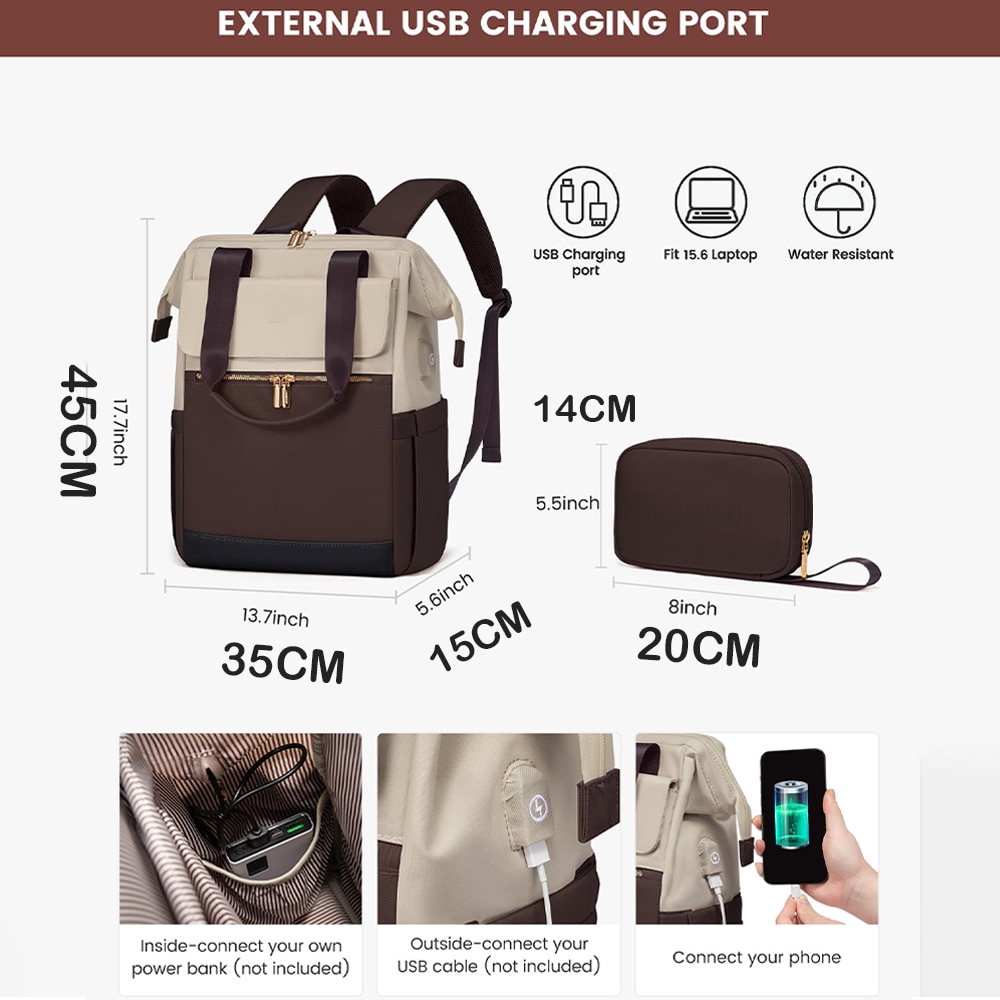 Rucsac pentru laptop Dollcini pentru femei, rucsac portabil impermeabil de mare capacitate cu port USB, set de 2 piese, culoare cafea