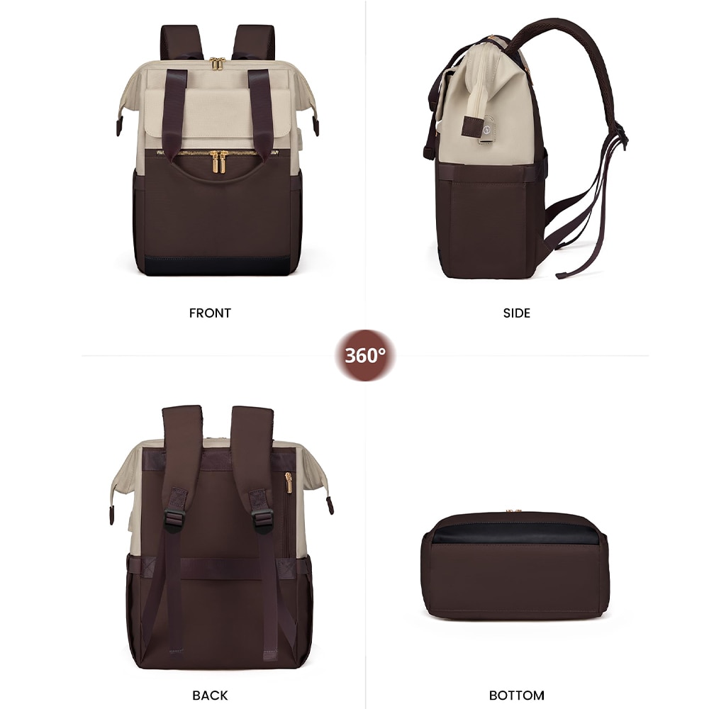 Rucsac pentru laptop Dollcini pentru femei, rucsac portabil impermeabil de mare capacitate cu port USB, set de 2 piese, culoare cafea