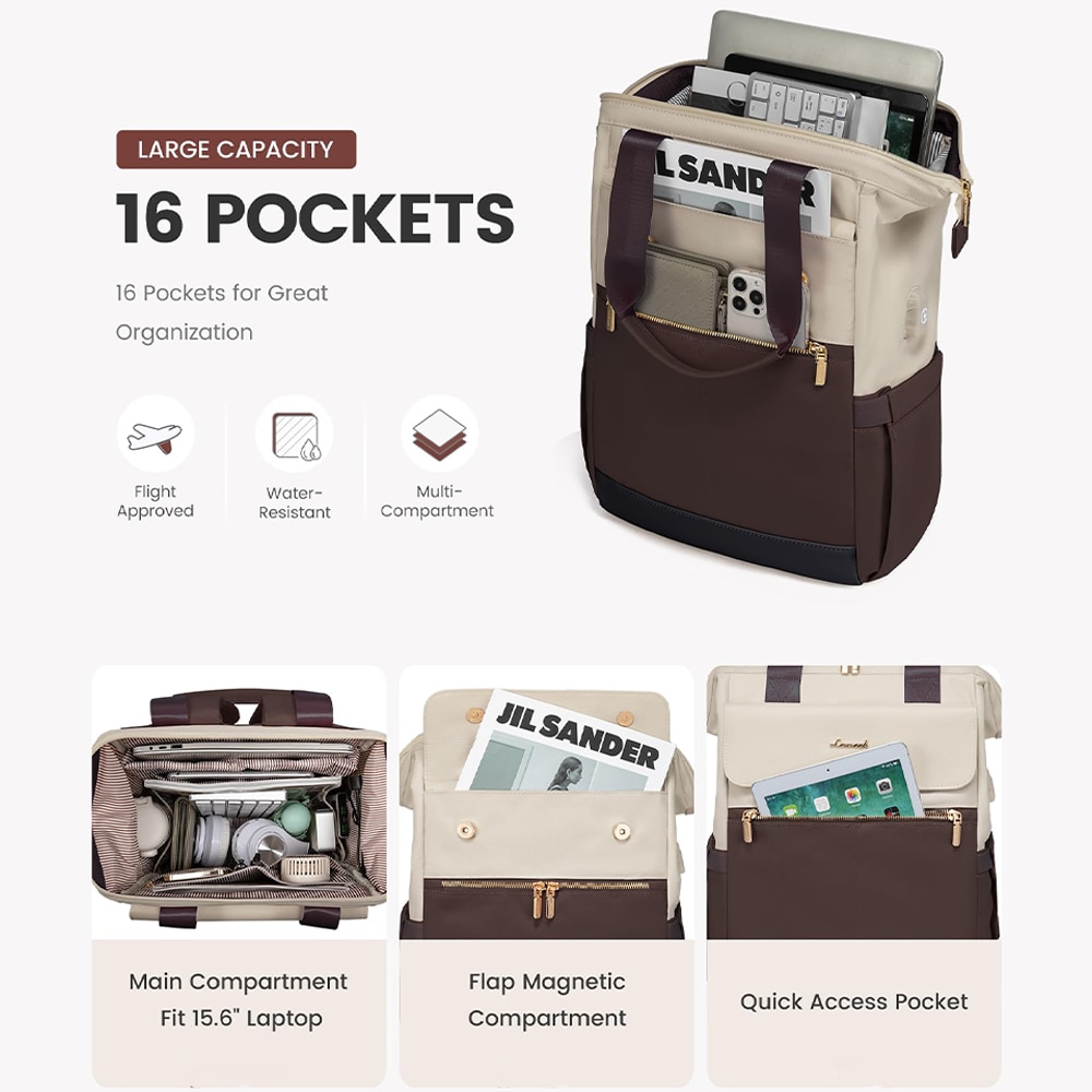 Rucsac pentru laptop Dollcini pentru femei, rucsac portabil impermeabil de mare capacitate cu port USB, set de 2 piese, culoare cafea