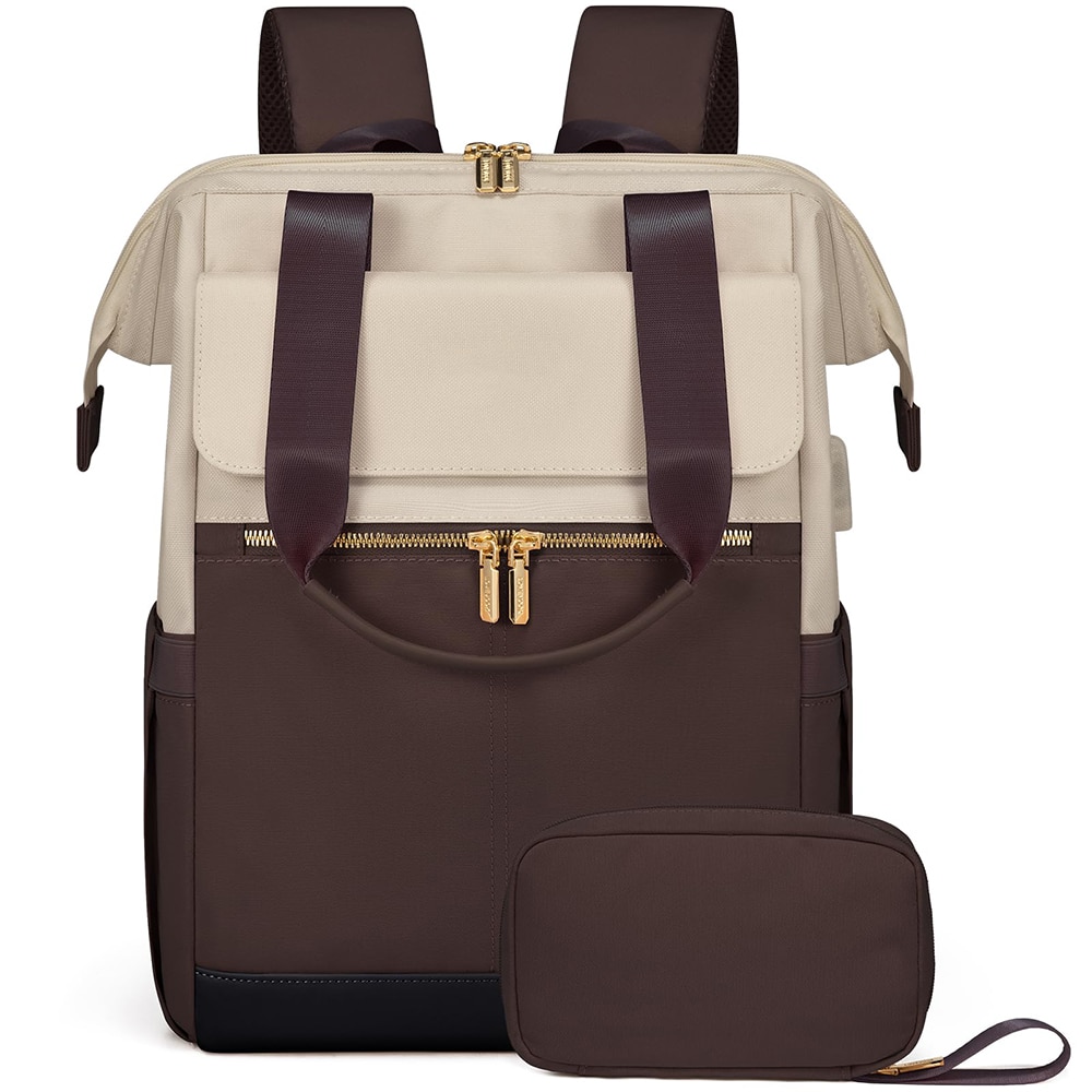 Rucsac pentru laptop Dollcini pentru femei, rucsac portabil impermeabil de mare capacitate cu port USB, set de 2 piese, culoare cafea
