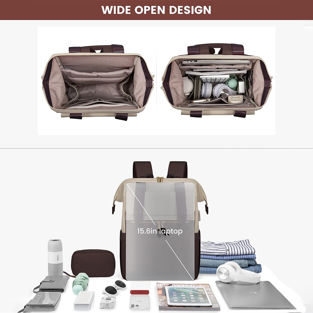 Rucsac pentru laptop Dollcini pentru femei, rucsac portabil impermeabil de mare capacitate cu port USB, set de 2 piese, culoare cafea