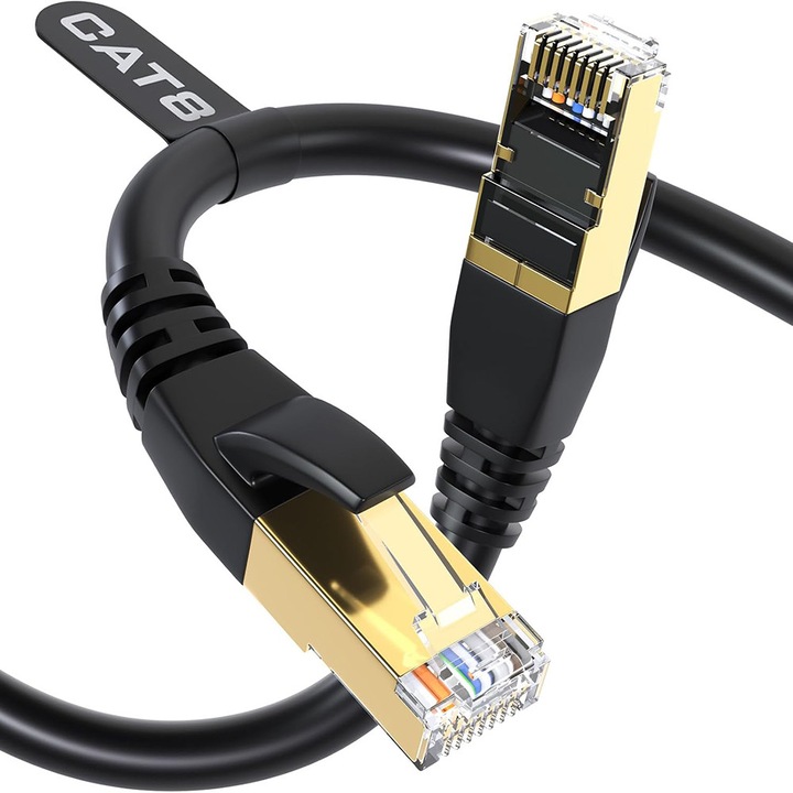 Cablu Ethernet Cat8, Noonedibs, 15 metri, 26AWG, conector RJ45, viteza 10G, tot materialul din cupru, transmisie stabila a semnalului, potrivit pentru routere, modemuri, PC-uri, console de jocuri, PS5, Xbox