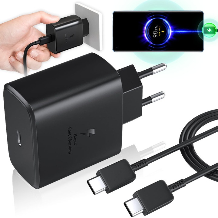 Set incarcator pentru samsung 45w, Noonedibs, cablu de date de tip C la tip C, incarcare super rapida, 1, 5 m, UE, negru