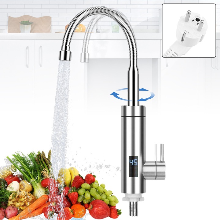 Robinet Electric Pentru Incalzire Apa Instant, Noonedibs, instalare la chiuveta, otel inoxidabil, cu afisaj, rotatie 360 ​​de grade, incalzire in trei secunde, temperatura reglabila, maner unic si orificiu unic, economie de energie, argintiu