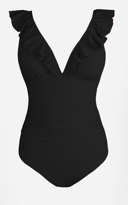 Costum de baie intreg, Dicollas, model floral, volane, Negru, Negru