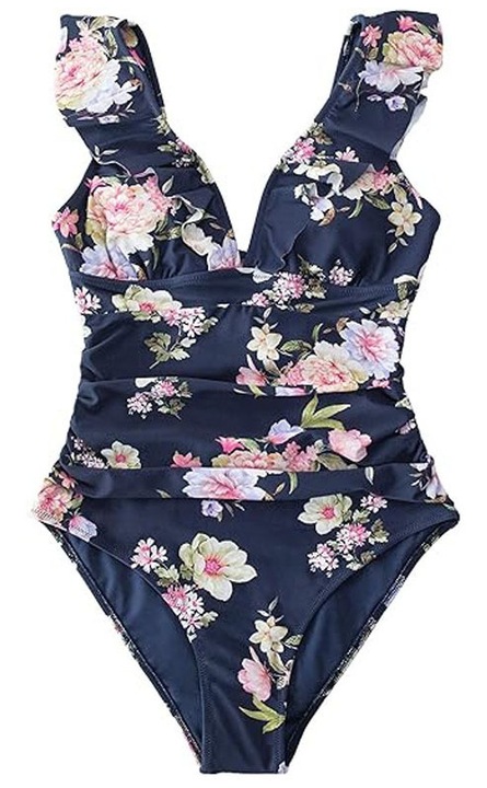 Цялостен бански, Dicollas, флорален мотив, волани, син, Син