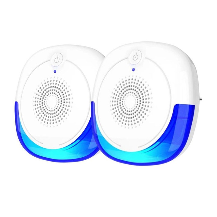 Set 2 Repelente Ultrasonice Multifunctionale, Anti Soareci, Tantari si Insecte, Frecventa Reglabila 50-60Hz, Putere 5W, Acoperire 80-150m², Sigur pentru Familie, Alb