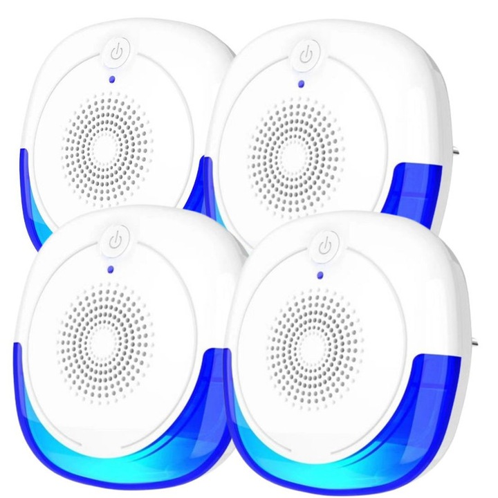 Комплект от 4 многофункционални ултразвукови репелента, против мишки, комари и насекоми, регулируема честота 50-60Hz, мощност 5W, покритие 80-150m², безопасен за семейството, бял