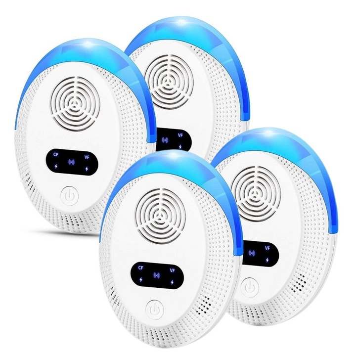 Set cu 4 Repelente Ultrasunete Profesionale pentru Daunatori, Anti Soareci, Sobolani si Insecte, Frecventa 20kHz-65kHz, Acoperire 360°, Fara Chimicale, Sigur pentru Casa, Birou, Hotel, Bucatarie, Depozit, Alb