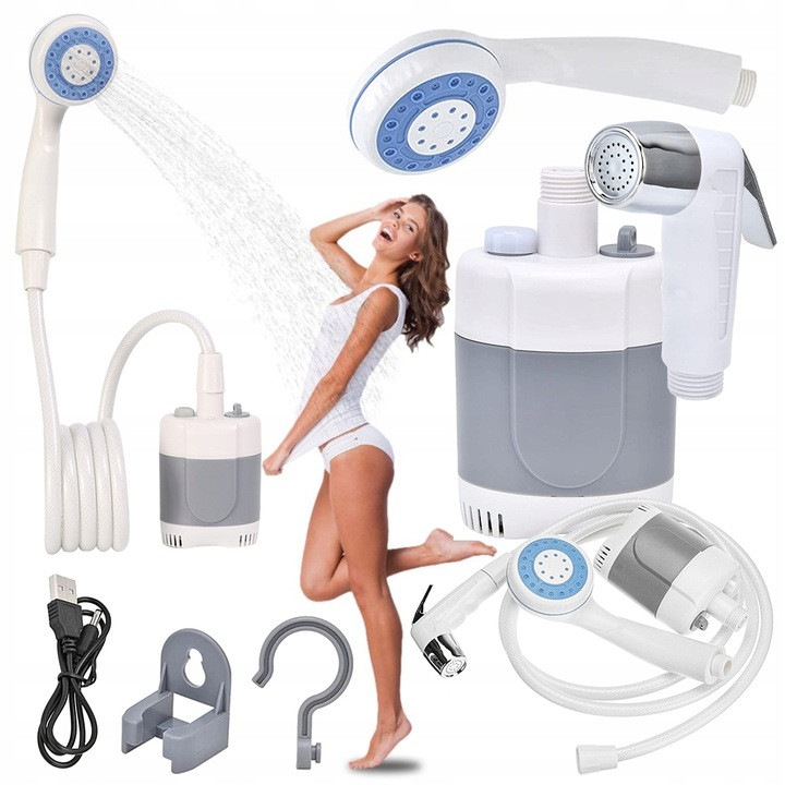 Dus portabil multifunctional, Zola, cu pompa electrica de apa, 2 capete interschimbabile, debit 4-5 l/min, lanterna incorporata, 2200mAh, furtun 1.7 m, carlig si ventuza fixare, cablu incarcare, alb