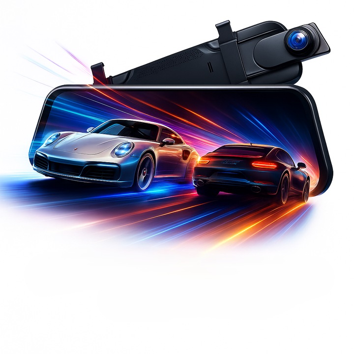 Autós DVR kamera 10"-os érintőképernyővel – Full HD 1080P fedélzeti kamera, 4K WiFi, dupla első + hátsó kamera, visszapillantó tükör HD felvétellel