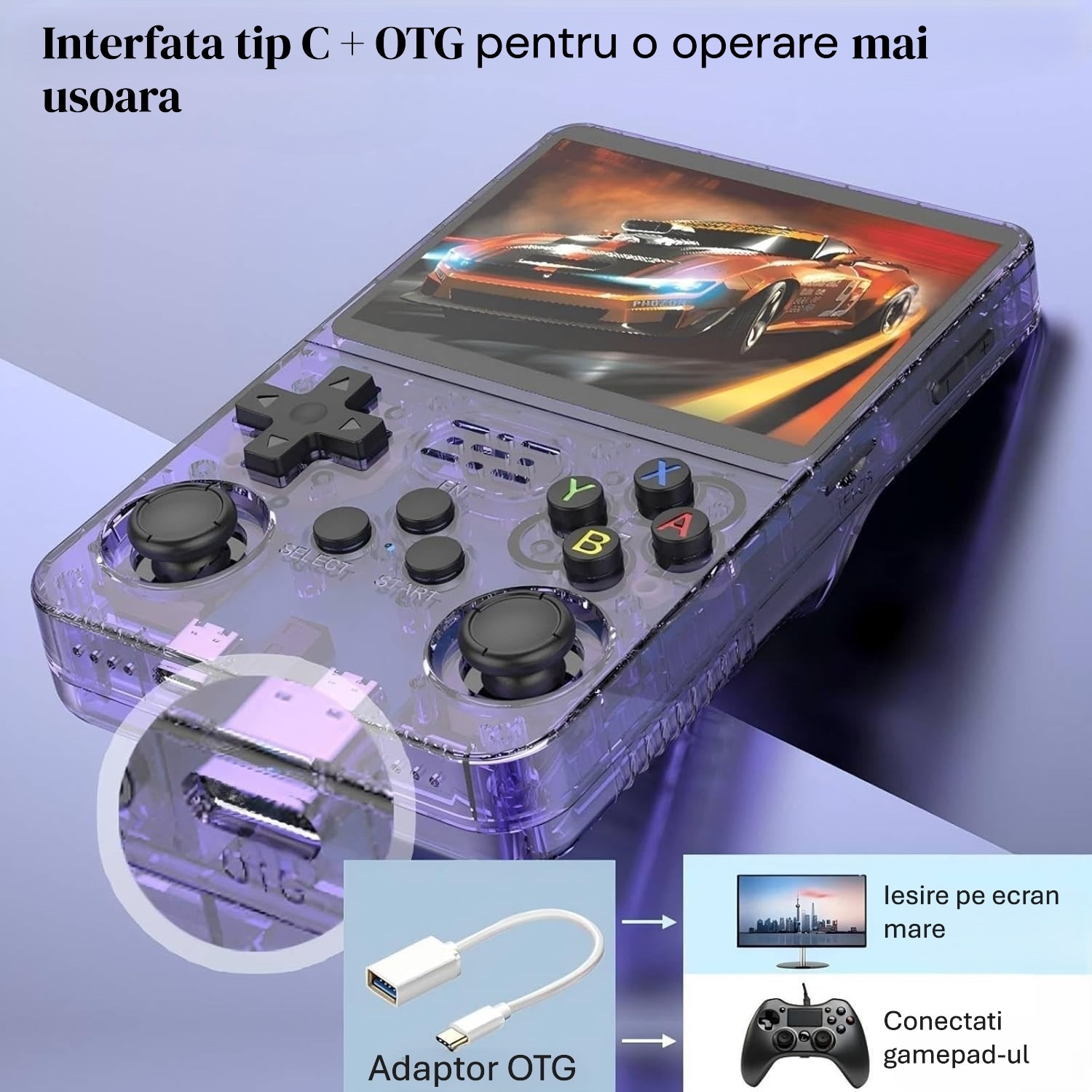 Consola Portabila cu Card Incorporat de 128GB si 19587 Jocuri, Consola Video R36S Retro (Violet), Sistem Linux, Ecran IPS de 3.5 inch