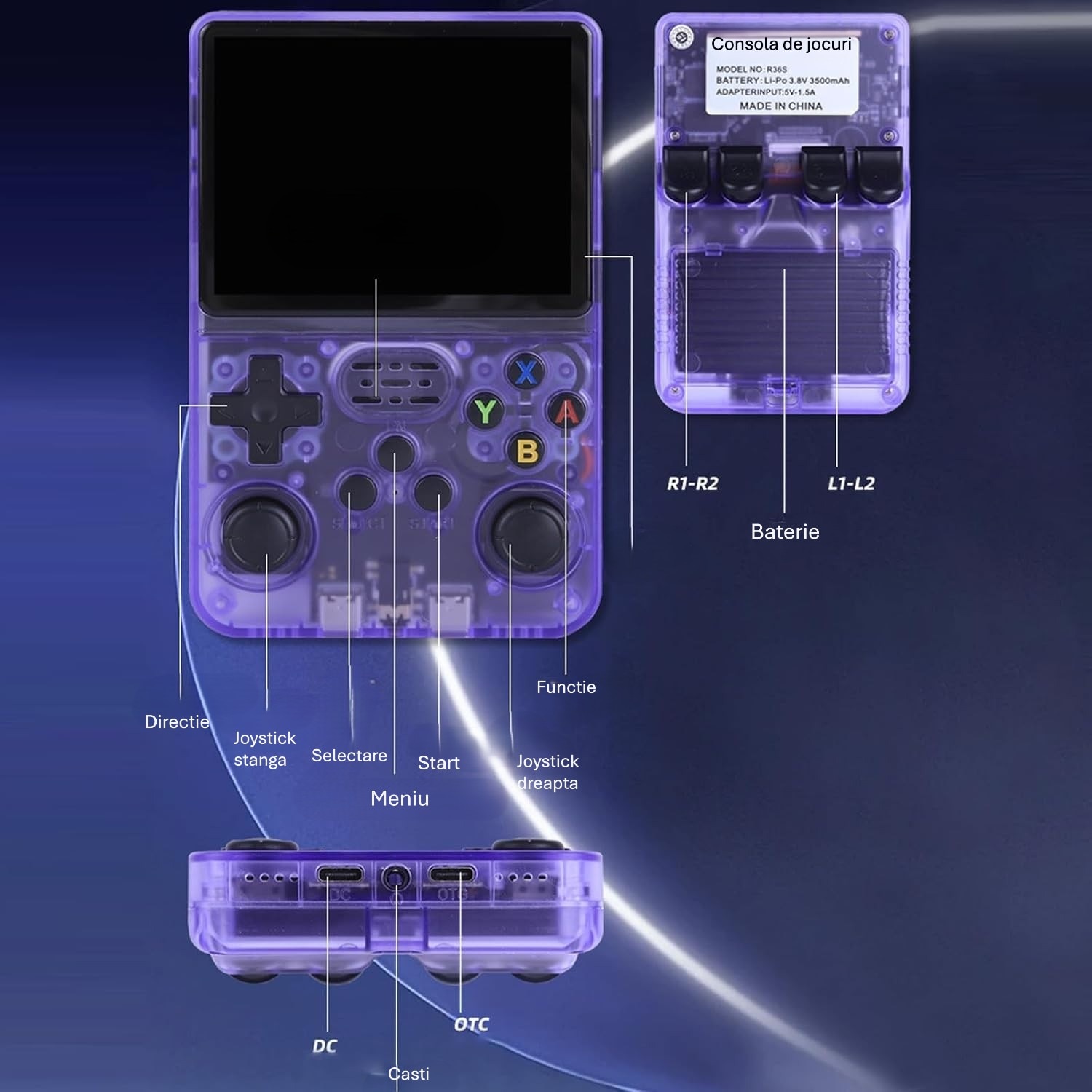 Consola Portabila cu Card Incorporat de 128GB si 19587 Jocuri, Consola Video R36S Retro (Violet), Sistem Linux, Ecran IPS de 3.5 inch