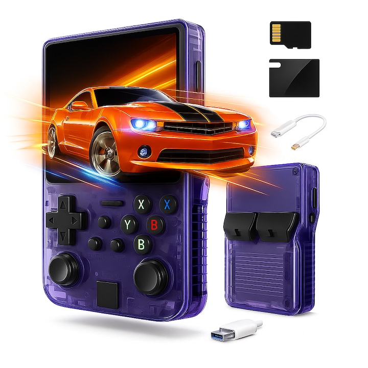 Consola Portabila cu Card Incorporat de 128GB si 19587 Jocuri, Consola Video R36S Retro (Violet), Sistem Linux, Ecran IPS de 3.5 inch