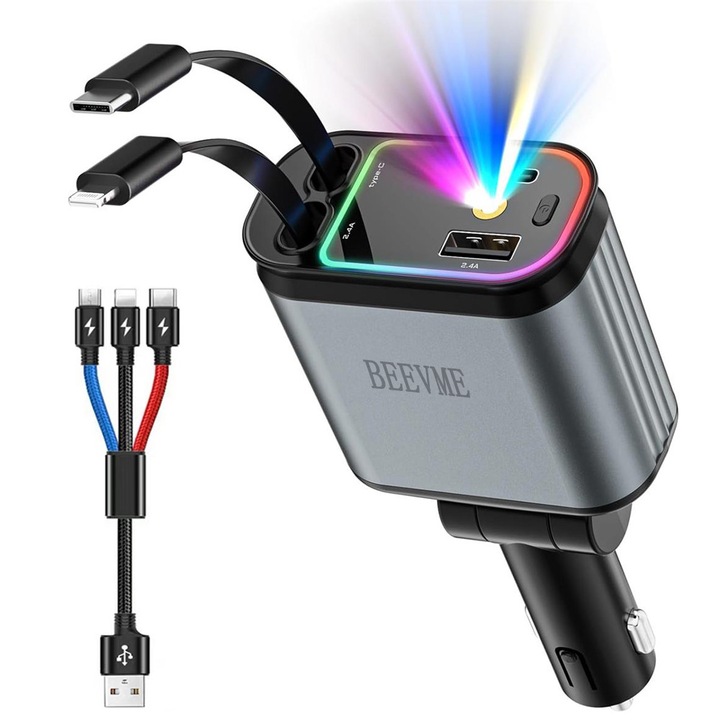 Incarcator auto 66W Fast Charge, cu cablu retractabil si proiector stelar, 3 in 1 cablu inclus, Type-C/Lightning/USB-A, compatibil Apple/Samsung/Huawei, BEEVME, Gri metalizat
