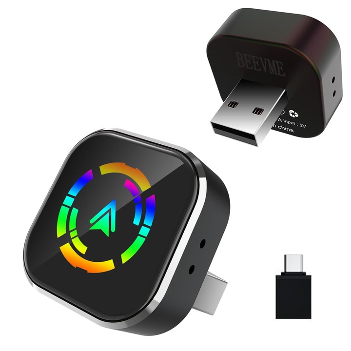 Adaptor auto wireless 2 in 1 compatibil cu iPhone Carplay, pentru Android Auto, conexiune BT si WiFi, 5GHz, USB/USB-C Plug&play, BEEVME, Multicolor