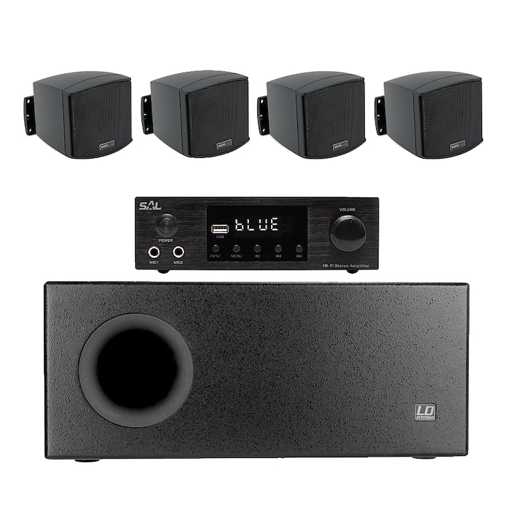 Озвучителна система за кафене, 4.1, черен субуфер, 4 високоговорителя, 1 усилвател, Bluetooth, 100W