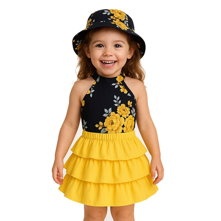 Set fusta pentru copii cu caciula si top, galben Y, Galben