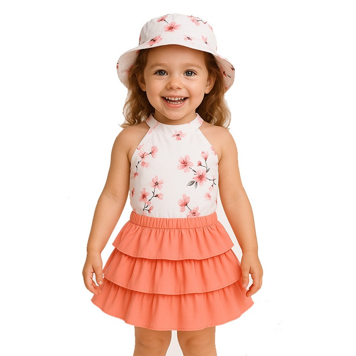 Set fusta pentru copii cu caciula si top, Roz Y, Roz