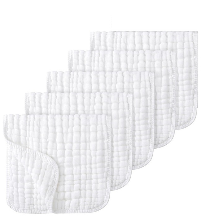 Set 5 prosoape din muselina pentru copii 25x50cm-Alb, Roz