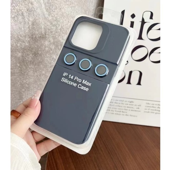 Husa pentru Apple iPhone 14 Pro Max, Flippy, din Silicon Lichid, Interior din Microfibra, Lentile Fosforescente de Protectie Camera, Anti Amprenta, Rezistenta la Socuri, Albastru Marin