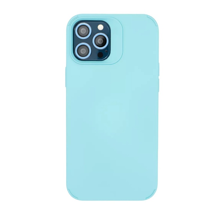 Husa Compatibila Apple iPhone 13, din Silicon Lichid, Interior din Microfibra, Lentile Fosforescente de Protectie Camera, Anti Amprenta, Rezistenta la Socuri, Bleu