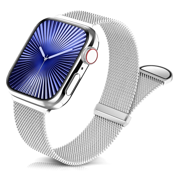 Milánói fémszíj, Axroad Mall, Apple Watch 1/2/3/SE/4/5/6/7/8 okosórákkal kompatibilis, állítható, mágneses csattal, lélegző, víz- és kopásálló, csúszásgátló és izzadságelnyelő, rozsdamentes acél, 38/40/41 mm, ezüst