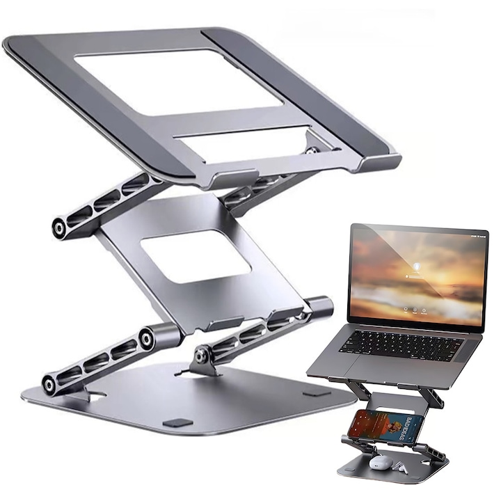 Suport pentru laptop, cu trei niveluri, reglabil pe inaltime, pliabil, otel carbon, 10-17 inci, argintiu