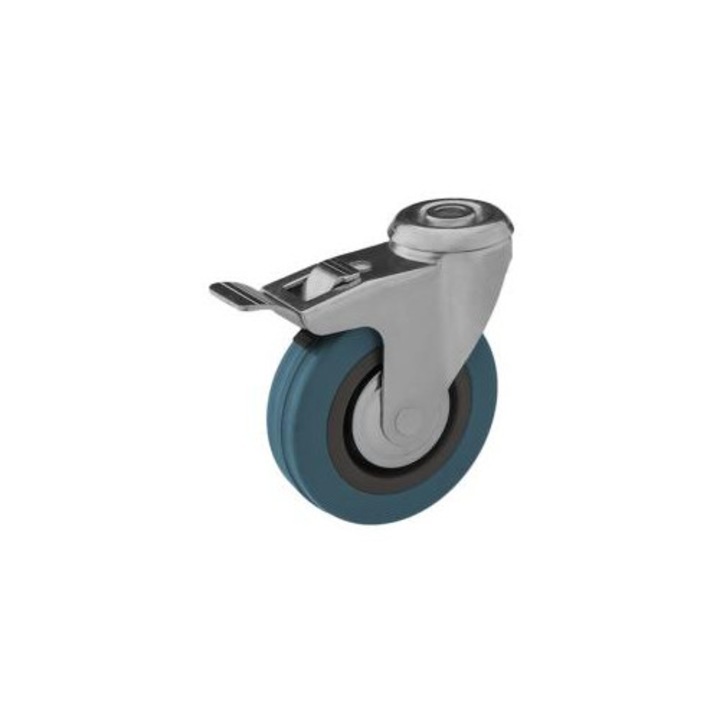 Roti Pivotante Cu Frana, Anvelopa Din Cauciuc Plin Standard Gri, Hub Din Otel Din Tabla Presata, Tip De Rulment: Glisant, Latime Banda De Rulare: 21 mm, Diametru Ax: 10 mm, 75 x 100 mm, Gri