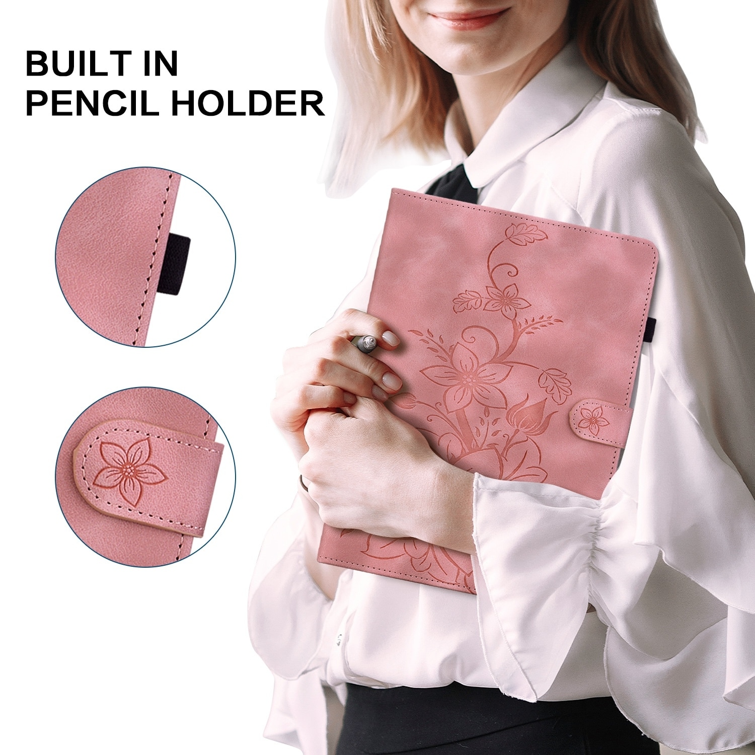 Husa tableta pentru Amazon Kindle Paperwhite 12th Gen 2024, piele embosata cu model floral, tip carte cu functie inteligenta, roz