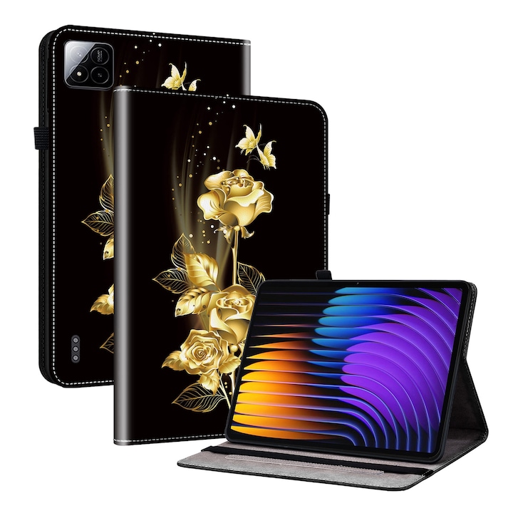 Калъф за таблет Xiaomi Pad 7/Pad 7 Pro, изработен от текстурирана кожа с рисуван дизайн, златна пеперуда и роза - Special Gold Butterfly Rose