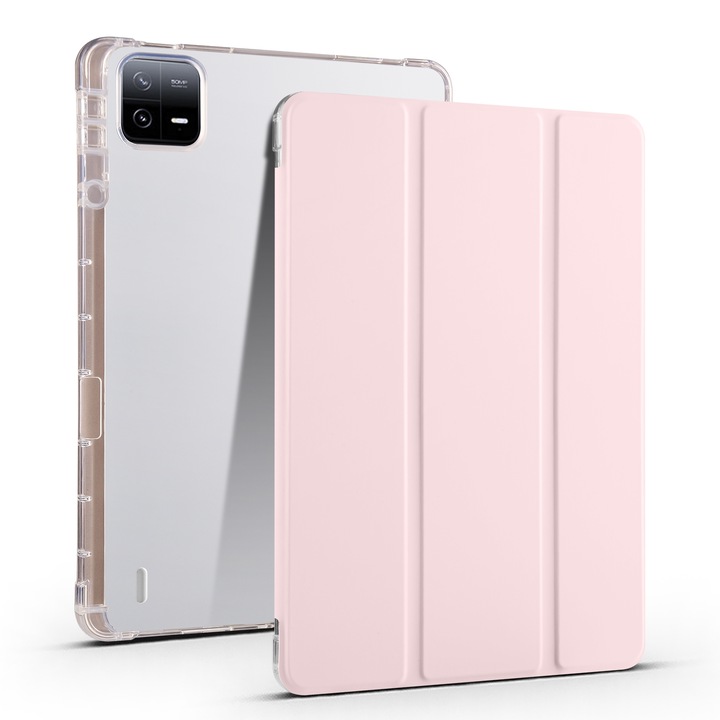 Husa tableta pentru Xiaomi Pad 6S Pro, TPU transparent, tip carte, suport pentru stilou, roz nisipiu