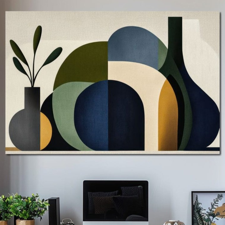 Премиум картина върху платно, LuxCanva® J1006, Силуети на растения, 100 X 150 см, 100% памучно платно 400 г/м2, дървена рамка, форми, спокойствие, природа, силуети, органично, простота, зелено, синьо, скандинавско, модерно, хол, спалня