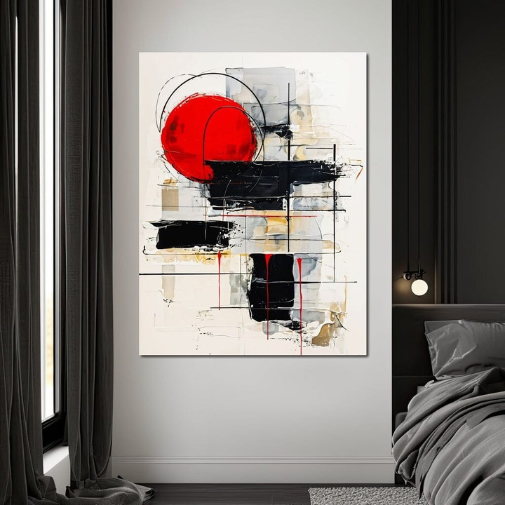 Премиум картина върху платно, LuxCanva® J1029, Кръгът на живота, 75 X 100 CM, 100% памучно платно 400g/m2, дървена рамка, Енергия, Огън, Абстрактно, Червено, Черно, Кръгове, Експлозия, Контраст, Страст, Минимализъм, Геометрия, Хол, Спалня