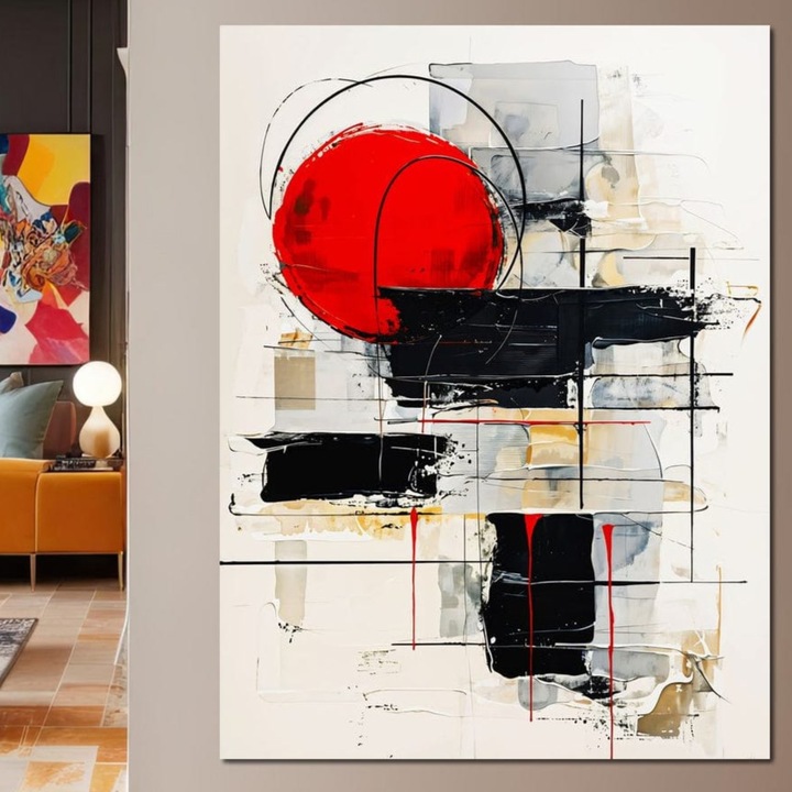 Картина върху платно, LuxCanva® J1029, Кръгът на живота, 100 X 135 CM, 100% памучно платно 400g/m2, дървена рамка, Енергия, Огън, Абстрактно, Червено, Черно, Кръгове, Експлозия, Контраст, Страст, Минимализъм, Геометрия, Хол, Спалня