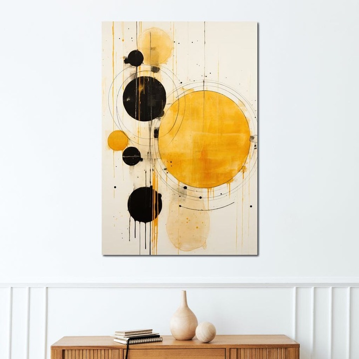 Премиум картина върху платно, LuxCanva® J1025, Часовник "Вселена", 40 X 60 см, 100% памучно платно 400 г/м2, дървена рамка, Затъмнение, Привличане, Радиация, Жълто, Черно, Мистерия, Безкрайност, Кръгове, Слънце, Сенки, Хол, Спалня
