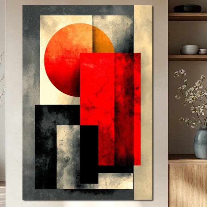 Премиум картина върху платно, LuxCanva® J1030, Изгорял гранит, 100 X 150 CM, 100% памучно платно 400g/m2, дървена рамка, сграда, слънце, стени, слънчева светлина, строителство, червено, черно, удар, абстрактен, художник, архитектура, хол, спалня