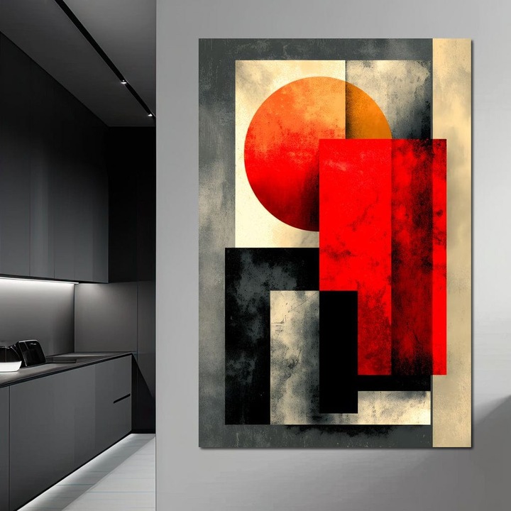 Премиум картина върху платно, LuxCanva® J1030, Изгорял гранит, 80 X 120 см, 100% памучно платно 400 г/м2, дървена рамка, сграда, слънце, стени, слънчева светлина, строителство, червено, черно, удар, абстрактен, художник, архитектура, хол, спалня