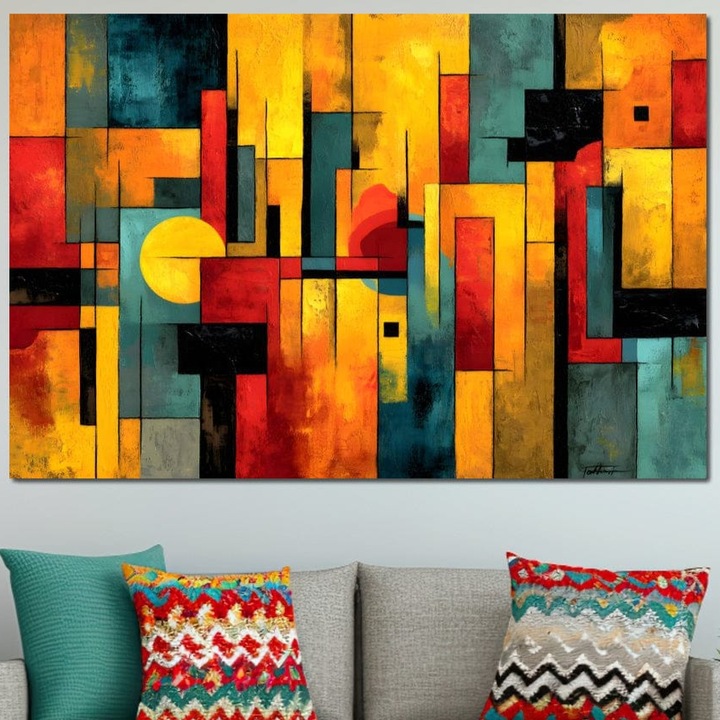 Премиум картина върху платно, LuxCanva® J1027, Град на цветовете, 100 X 150 см, 100% памучно платно 400 г/м2, дървена рамка, Метрополис, Градски, Слънчев, Мечти, Гънки, Енергия, Динамизъм, Вибрация, Контрасти, Интензитет, Хол, Спалня