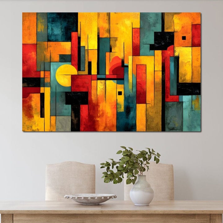 Премиум картина върху платно, LuxCanva® J1027, Град на цветовете, 40 X 60 см, 100% памучно платно 400 г/м2, дървена рамка, Метрополис, Градски, Слънчев, Мечти, Гънки, Енергия, Динамизъм, Вибрация, Контрасти, Интензитет, Хол, Спалня
