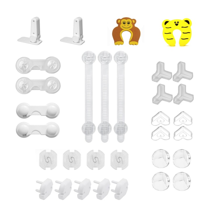 Set 31 de Piese Siguranta pentru Copii - Opritoare Usi, Blocatoare Usi si Sertare, Protectii Colturi Mobilier si Capace Prize, Accesorii Prevenire Accidente Bebe, Piese Rezistente, Usor de Montat cu Adeziv Puternic