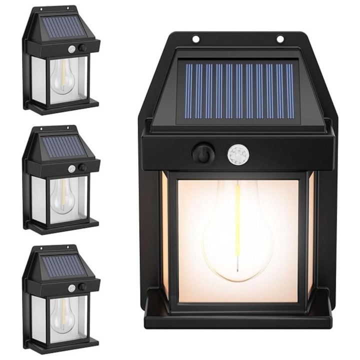 Set 4 x lumini solare, sensor de miscare si lumina, 3 moduri de lumina, IP65 rezistent la apa, lumina calda, autonomie 10h, iluminare pentru curte, gradina si terasa, negru