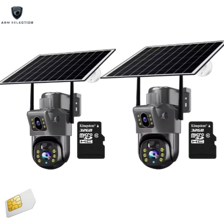 Set 2 Camere de Supraveghere 4K cu 2 lentile, panou solar, 4G, PTZ 360°, Night Vision, IP66, Full HD, 2x card 32GB inclus, gri