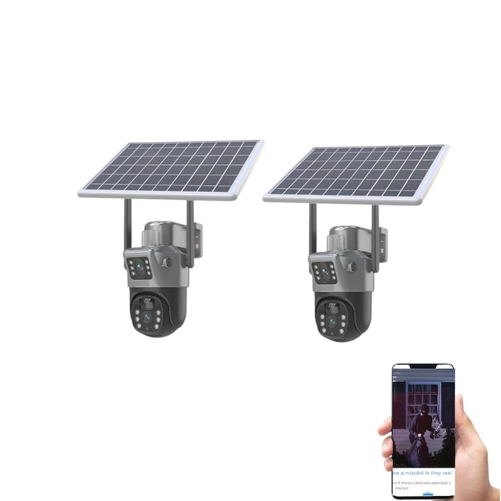 Комплект от 2 4K камери за видеонаблюдение с два обектива, соларен панел, 4G, нощно виждане, функция за 360° движение от приложението, слънчево зареждане, водоустойчиви, черни