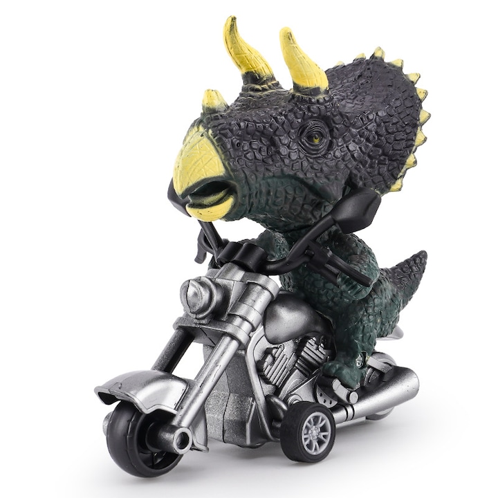 Dinozaur cu motocicleta, design realist, negru/gri, 12x9x6cm, plastic