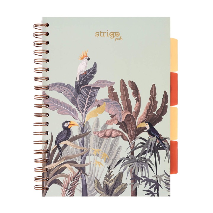 Тетрадка със спираловидни прегради и разделители, STRIGO PADS Project Book Africa B5, математика, 200 страници, 80 гр. FSC хартия, твърди корици, зелена