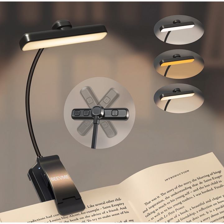 Olvasólámpa, kihúzható USB-csipesz, 19 LED, 3 színhőmérséklet, 1000mAh, BEEVME®, folyamatosan állítható fényerő, 360°-ban forgatható, hosszabb akkumulátor-üzemidő, éjszakai olvasáshoz, fekete