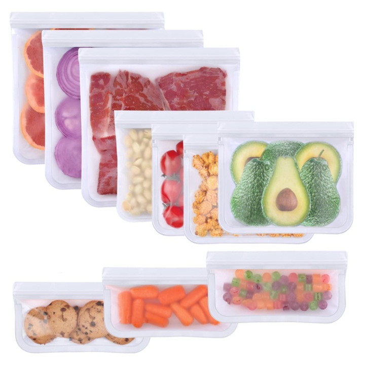 Set 10 pungi reutilizabile, sigilate ermetic, din PEVA, fara BPA, pentru alimente, 3 pungi mari, 4 pungi sandwich, 3 pungi pentru gustari