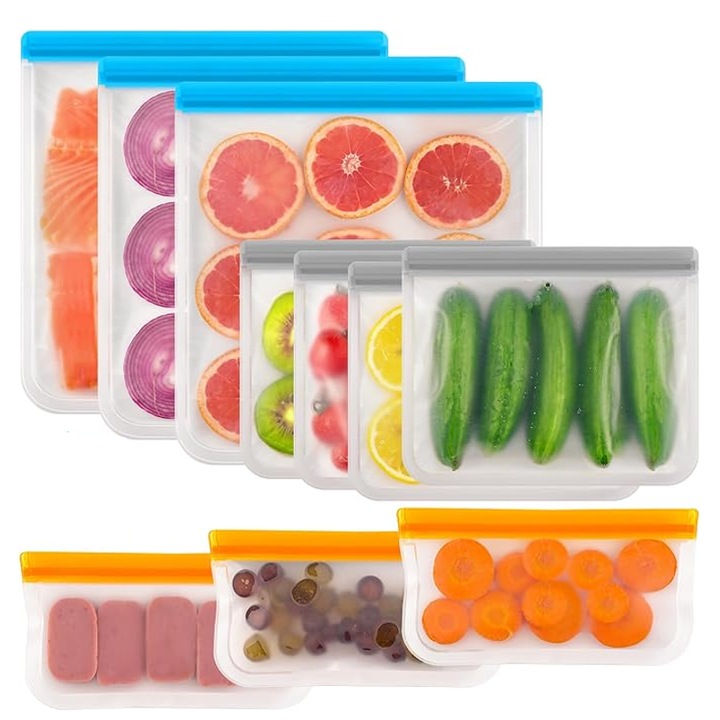 Set 10 pungi reutilizabile, sigilate ermetic, din PEVA, fara BPA, pentru alimente, 3 pungi mari, 4 pungi sandwich, 3 pungi pentru gustari
